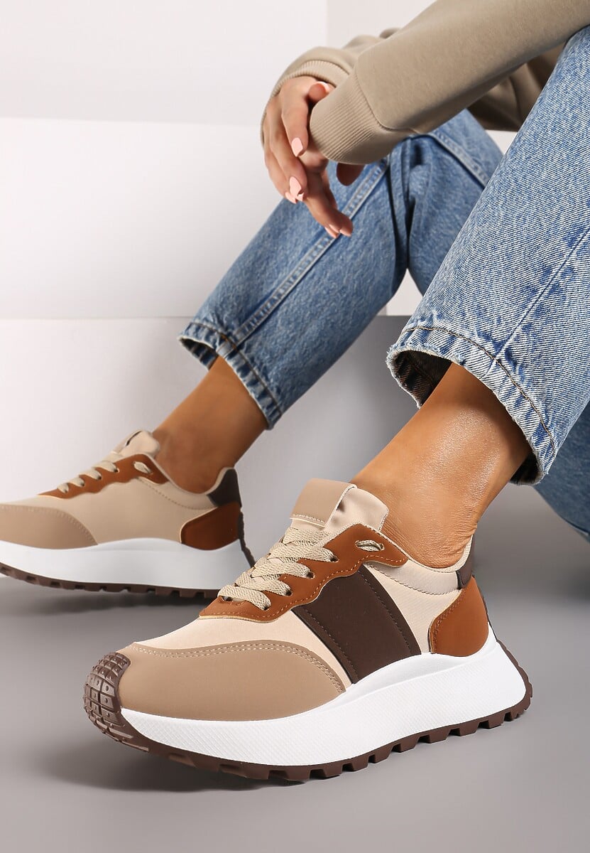 Brązowe Sneakersy przed Kostkę na Platformie z Ozdobnymi Wstawkami Benace 3