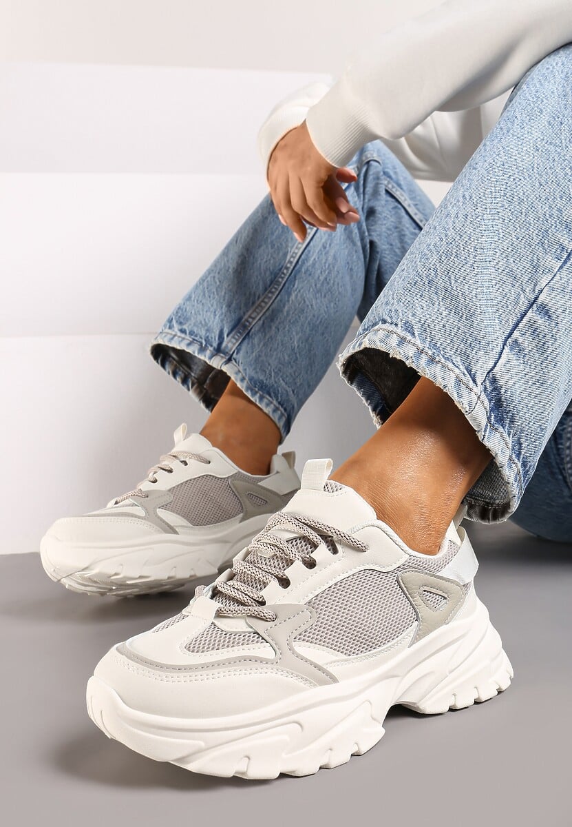 Szare Sneakersy na Platformie z Przeszyciami Pod Kostkę Benasia 2