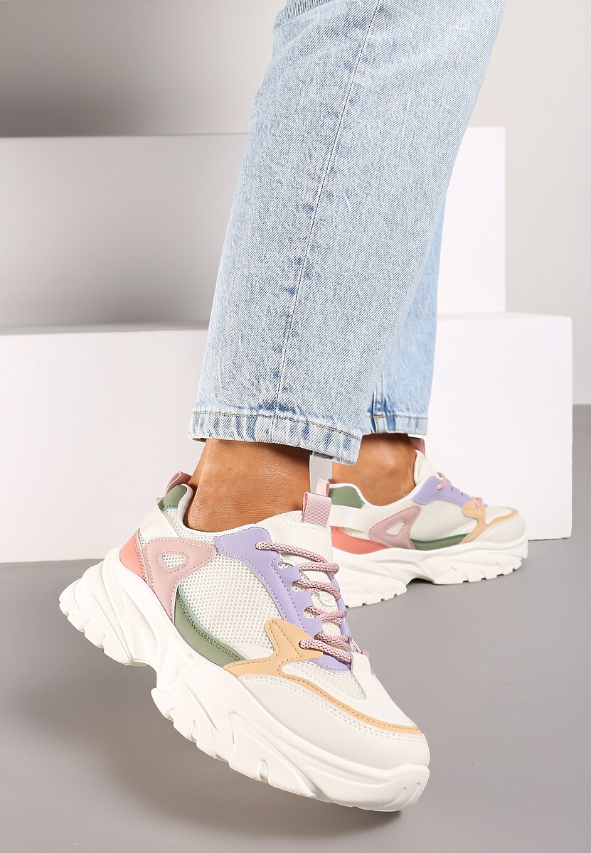 Biało-Fioletowe Sneakersy na Platformie z Przeszyciami Pod Kostkę Benasia 2