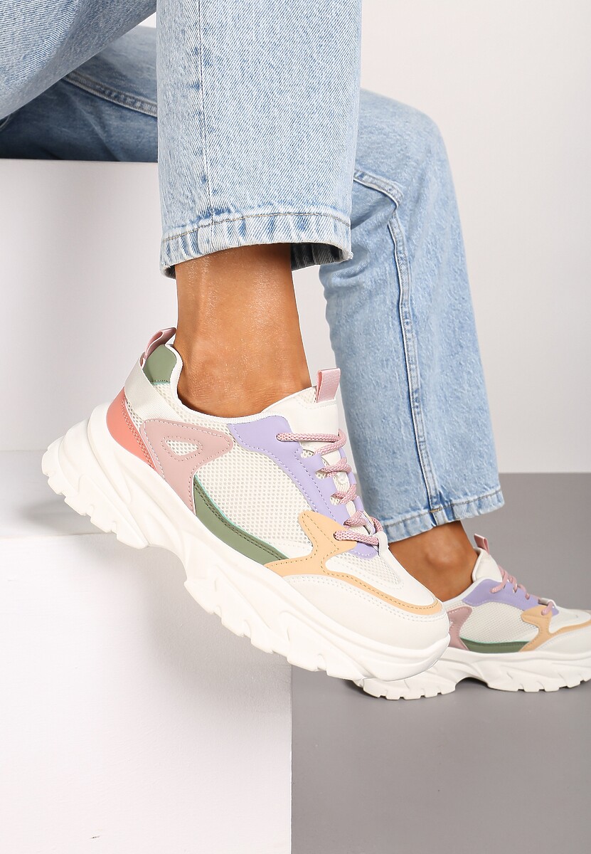 Biało-Fioletowe Sneakersy na Platformie z Przeszyciami Pod Kostkę Benasia 3