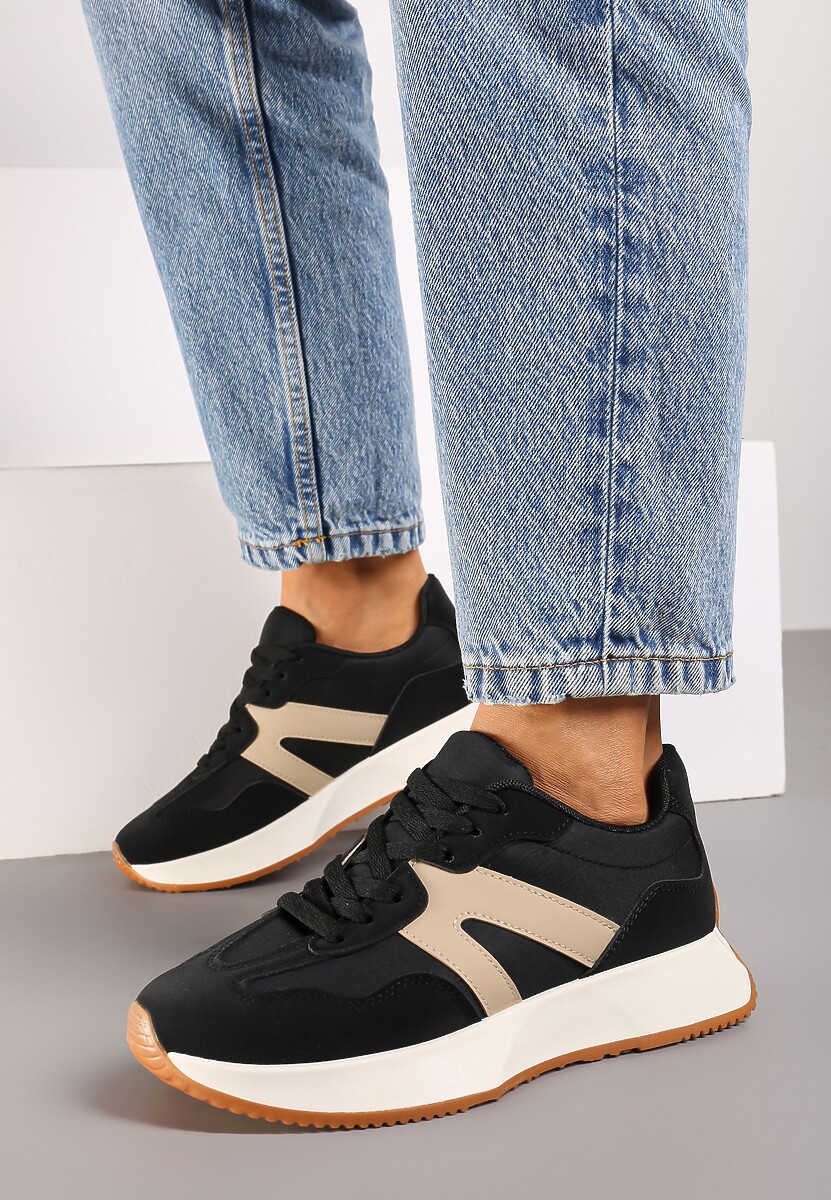 Czarne Sneakersy na Płaskiej Podeszwie z Geometryczną Wstawką Sewla 3