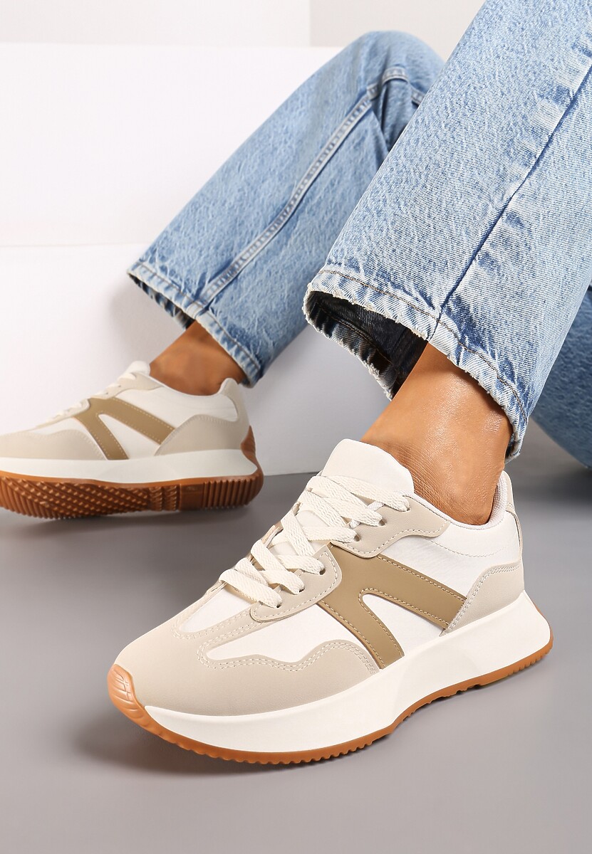 Beżowe Sneakersy na Płaskiej Podeszwie z Geometryczną Wstawką Sewla 1