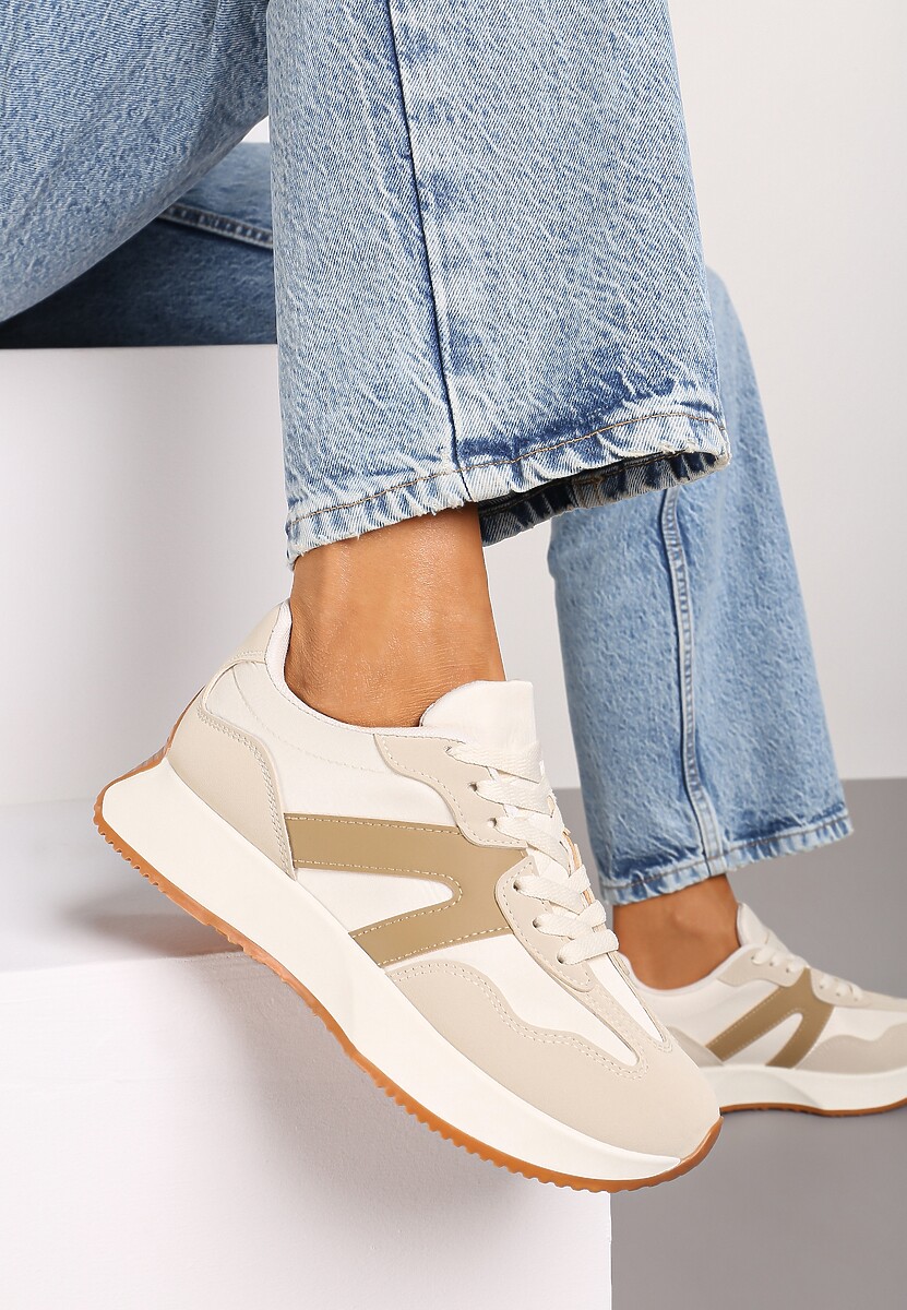 Beżowe Sneakersy na Płaskiej Podeszwie z Geometryczną Wstawką Sewla 2
