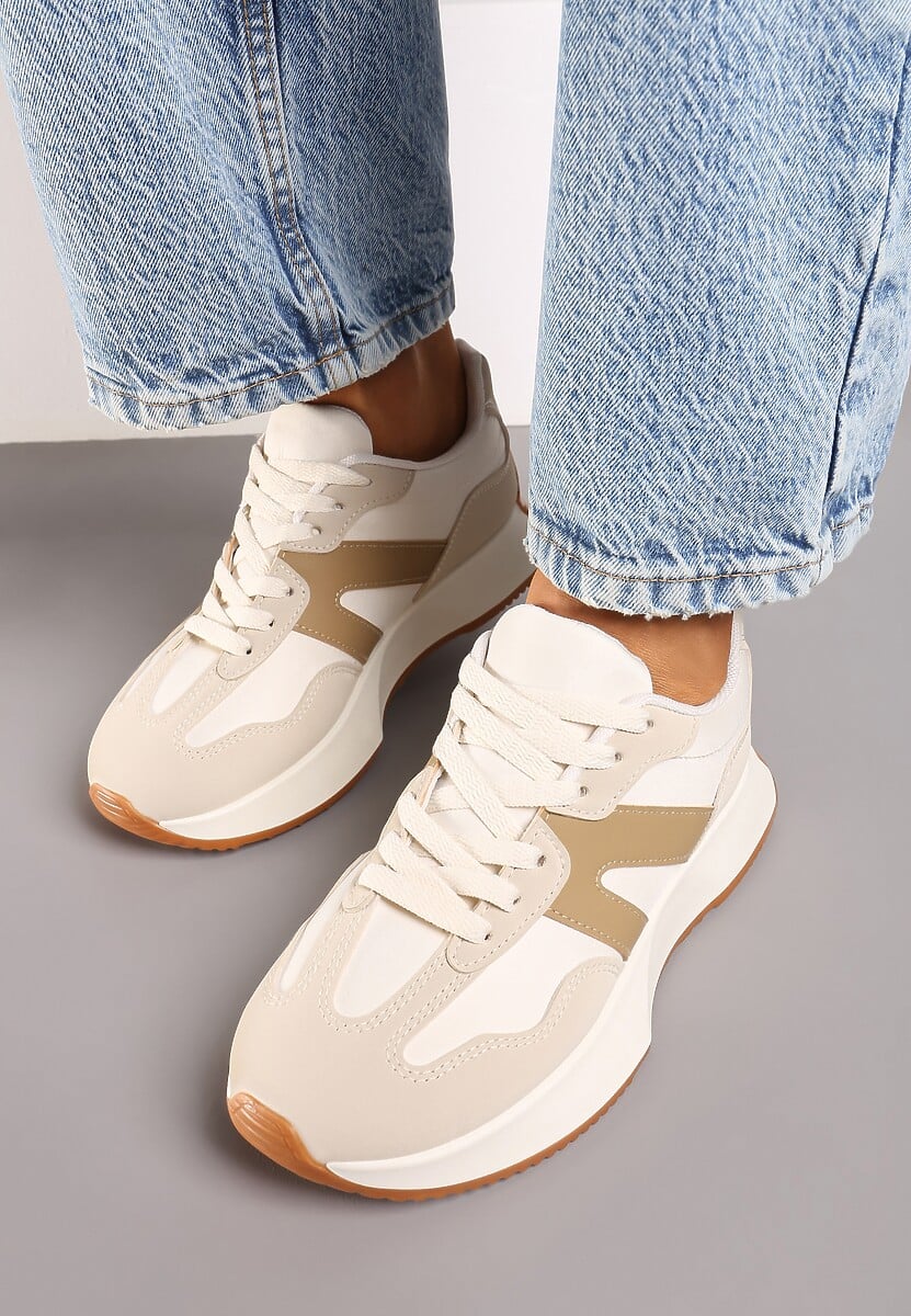 Beżowe Sneakersy na Płaskiej Podeszwie z Geometryczną Wstawką Sewla 3