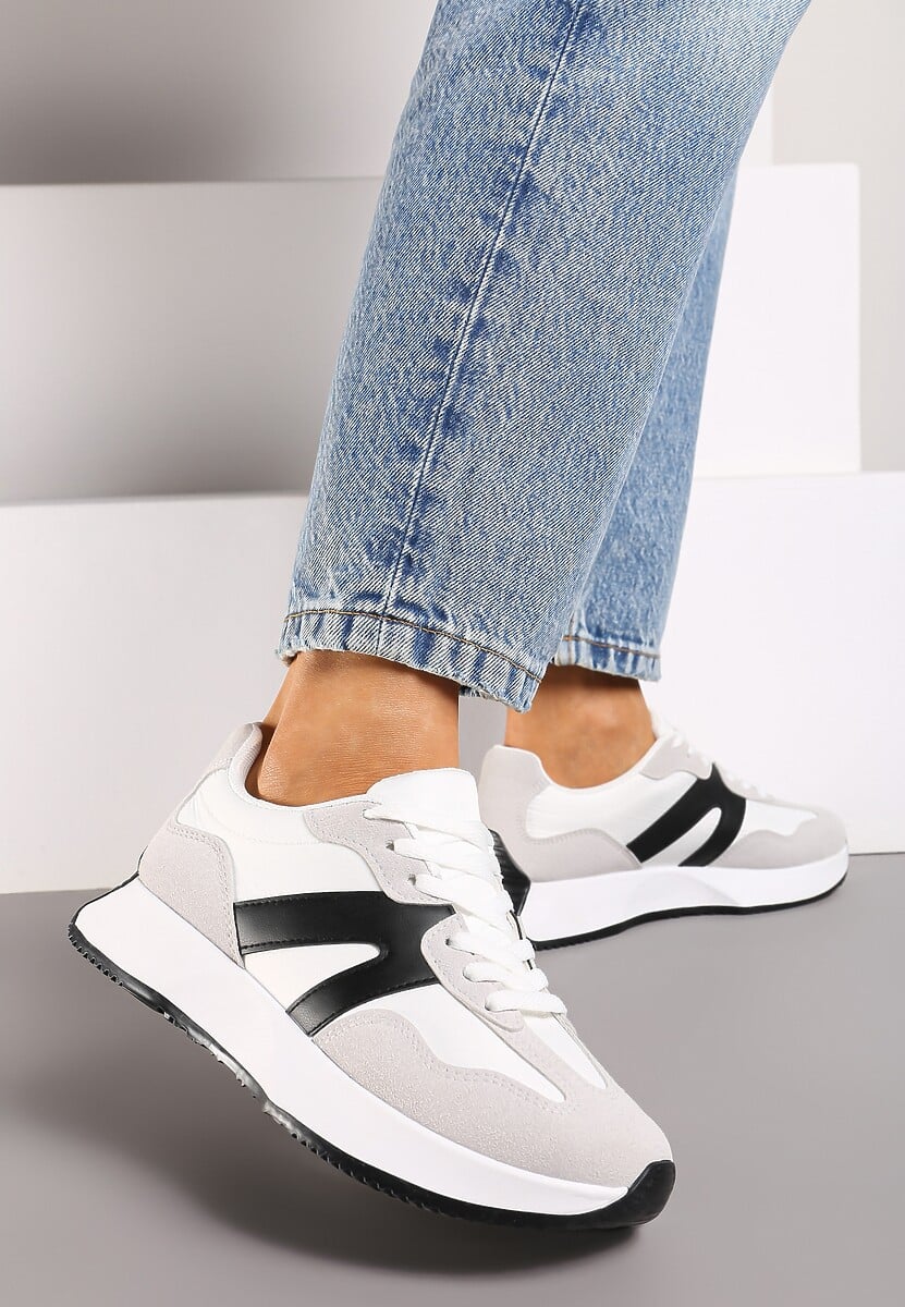 Białe Sneakersy na Płaskiej Podeszwie z Geometryczną Wstawką Sewla 1
