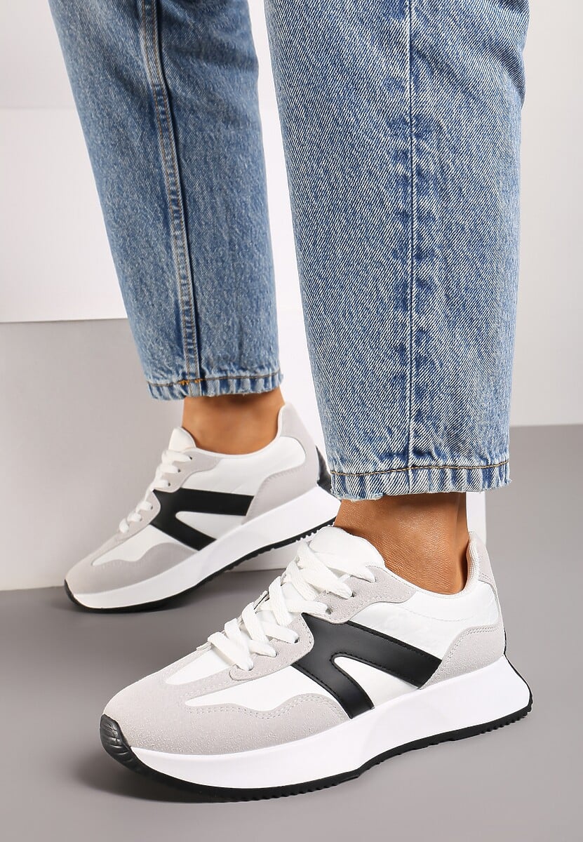 Białe Sneakersy na Płaskiej Podeszwie z Geometryczną Wstawką Sewla 3