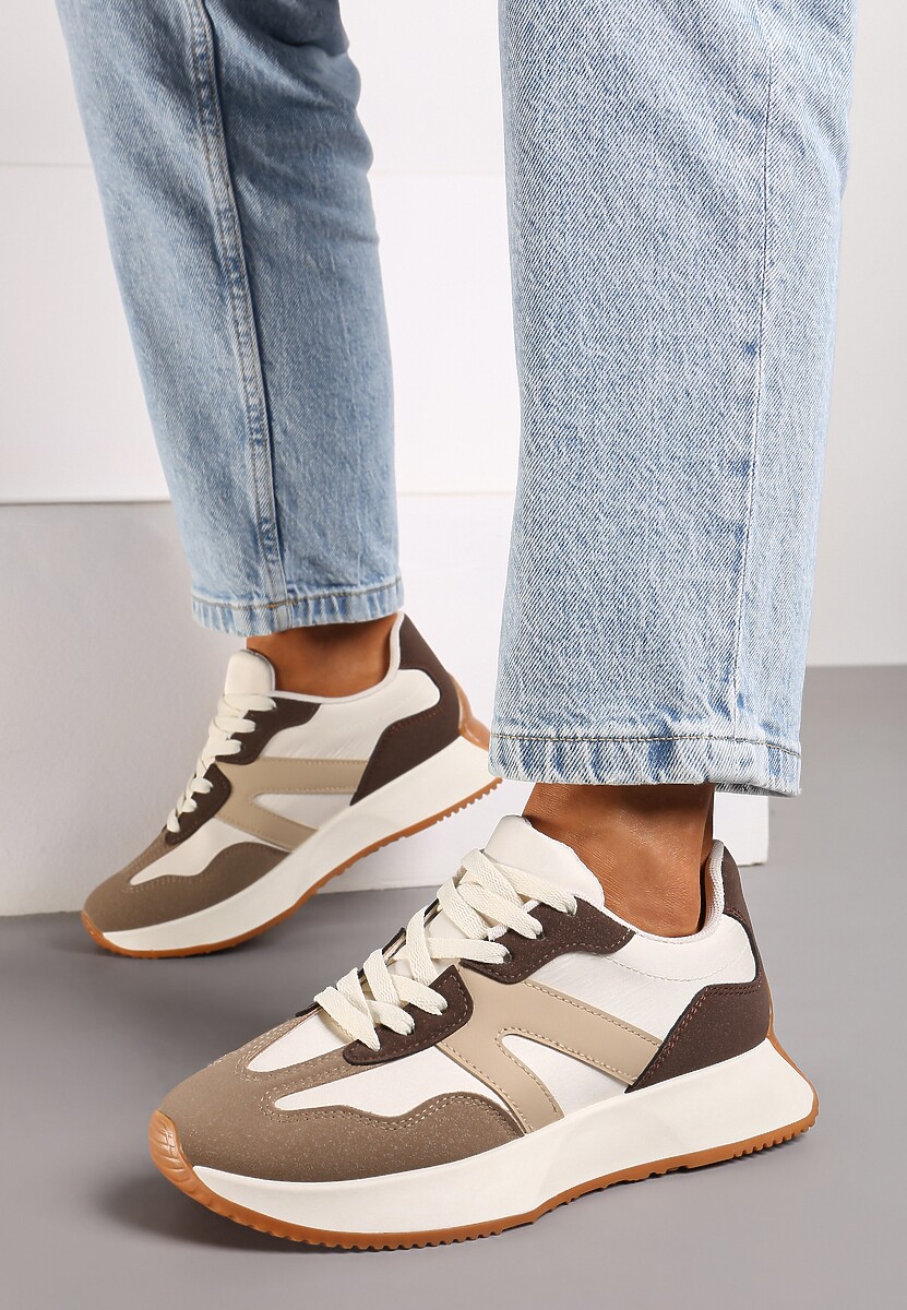Brązowe Sneakersy na Płaskiej Podeszwie z Geometryczną Wstawką Sewla 1