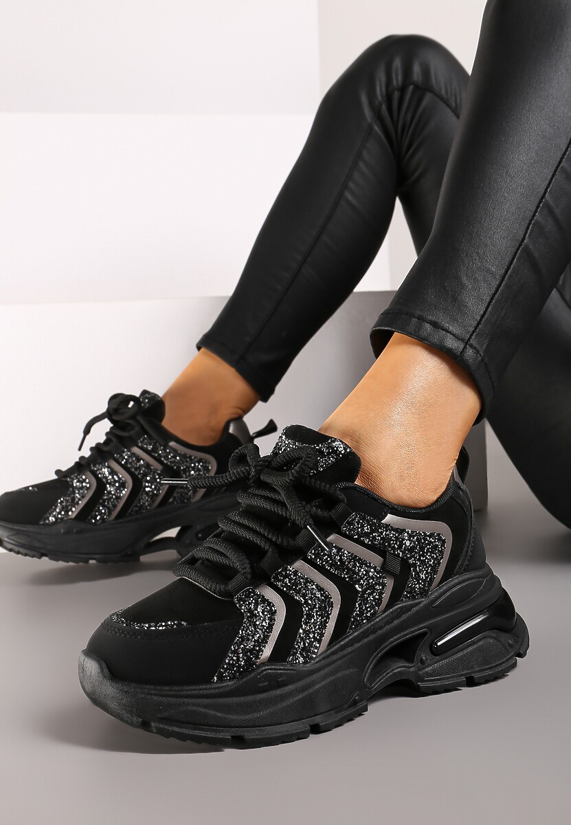 Czarne Sznurowane Sneakersy na Platformie Ozdobione Brokatem Ewla 1