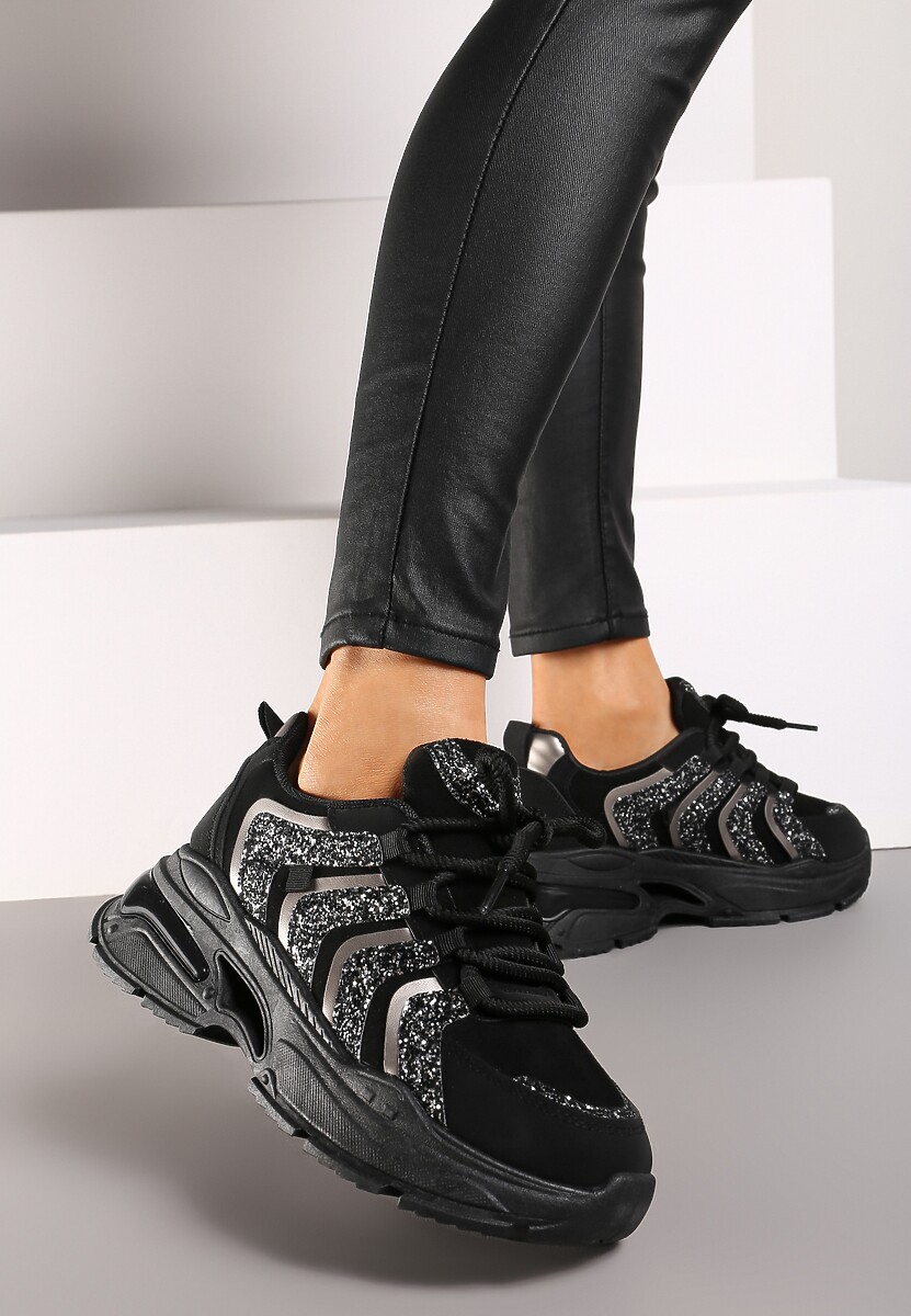 Czarne Sznurowane Sneakersy na Platformie Ozdobione Brokatem Ewla 2