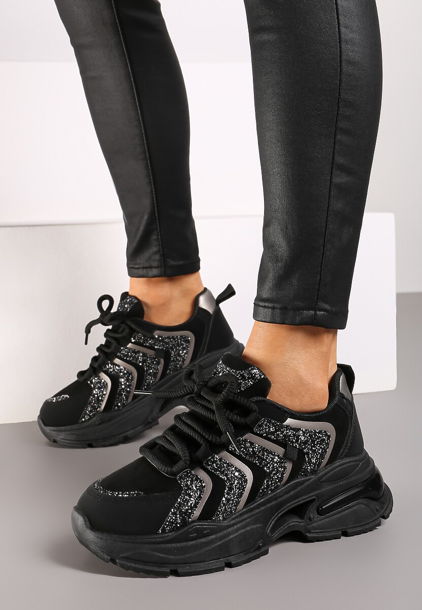 Czarne Sznurowane Sneakersy na Platformie Ozdobione Brokatem Ewla 3