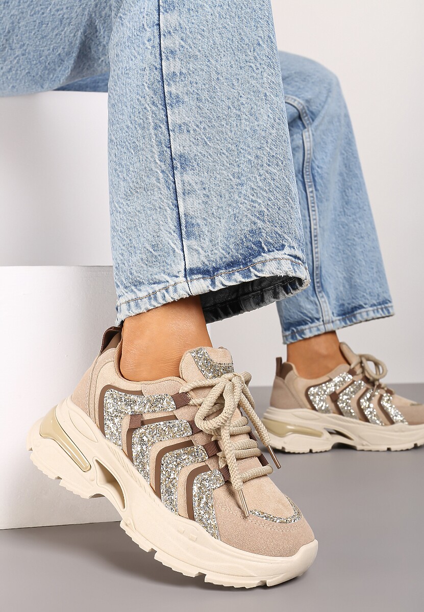 Ciemnobeżowe Sznurowane Sneakersy na Platformie Ozdobione Brokatem Ewla 2