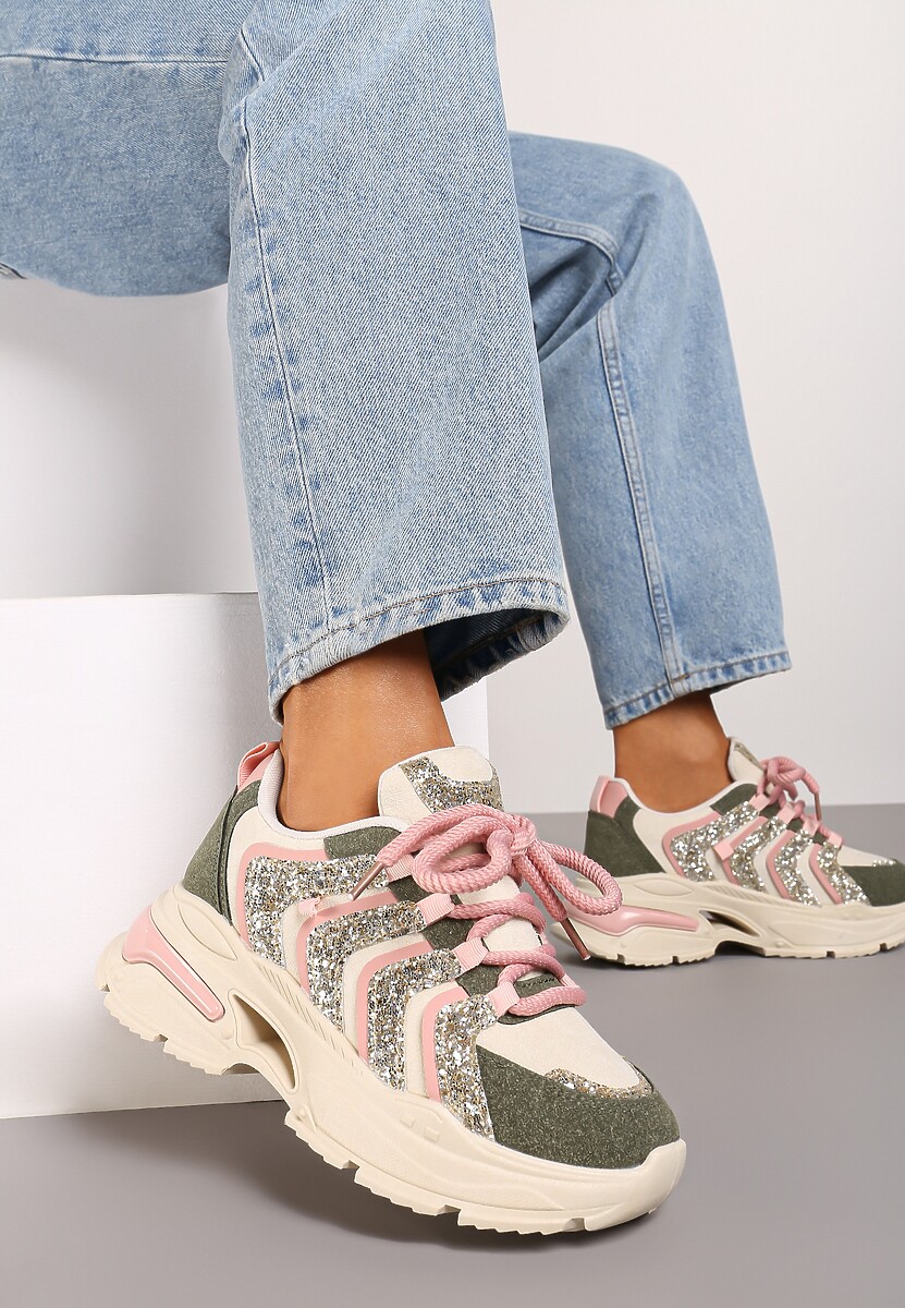 Beżowo-Zielone Sznurowane Sneakersy na Platformie Ozdobione Brokatem Ewla 2