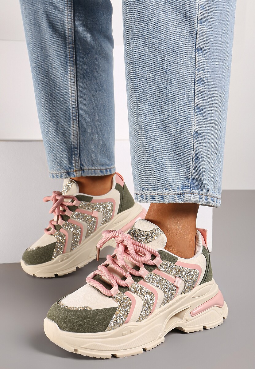 Beżowo-Zielone Sznurowane Sneakersy na Platformie Ozdobione Brokatem Ewla 3