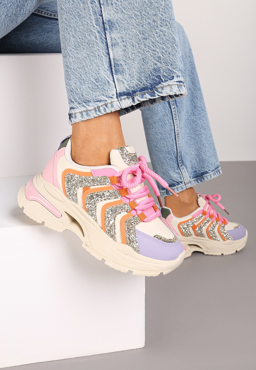 Beżowo-Fioletowe Sznurowane Sneakersy na Platformie Ozdobione Brokatem Ewla 1