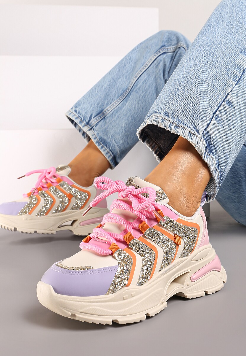 Beżowo-Fioletowe Sznurowane Sneakersy na Platformie Ozdobione Brokatem Ewla 2
