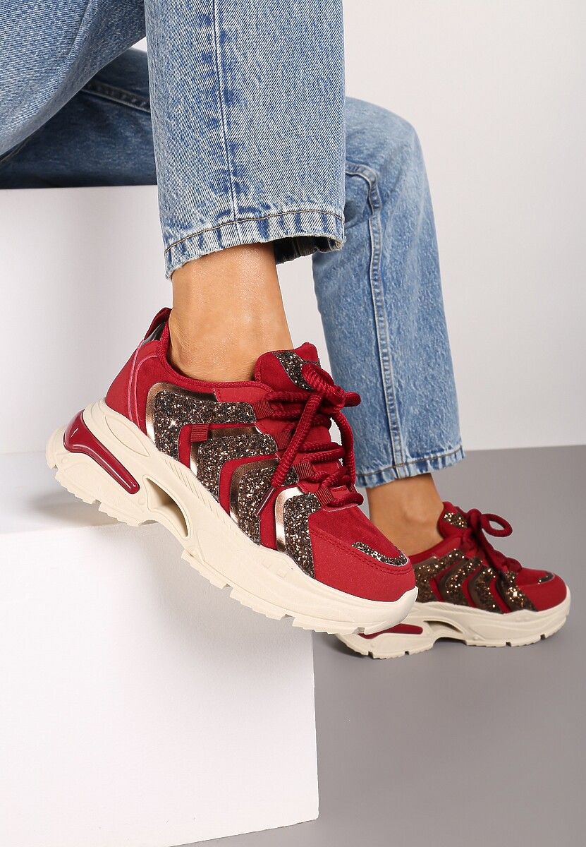 Bordowe Sznurowane Sneakersy na Platformie Ozdobione Brokatem Ewla 1