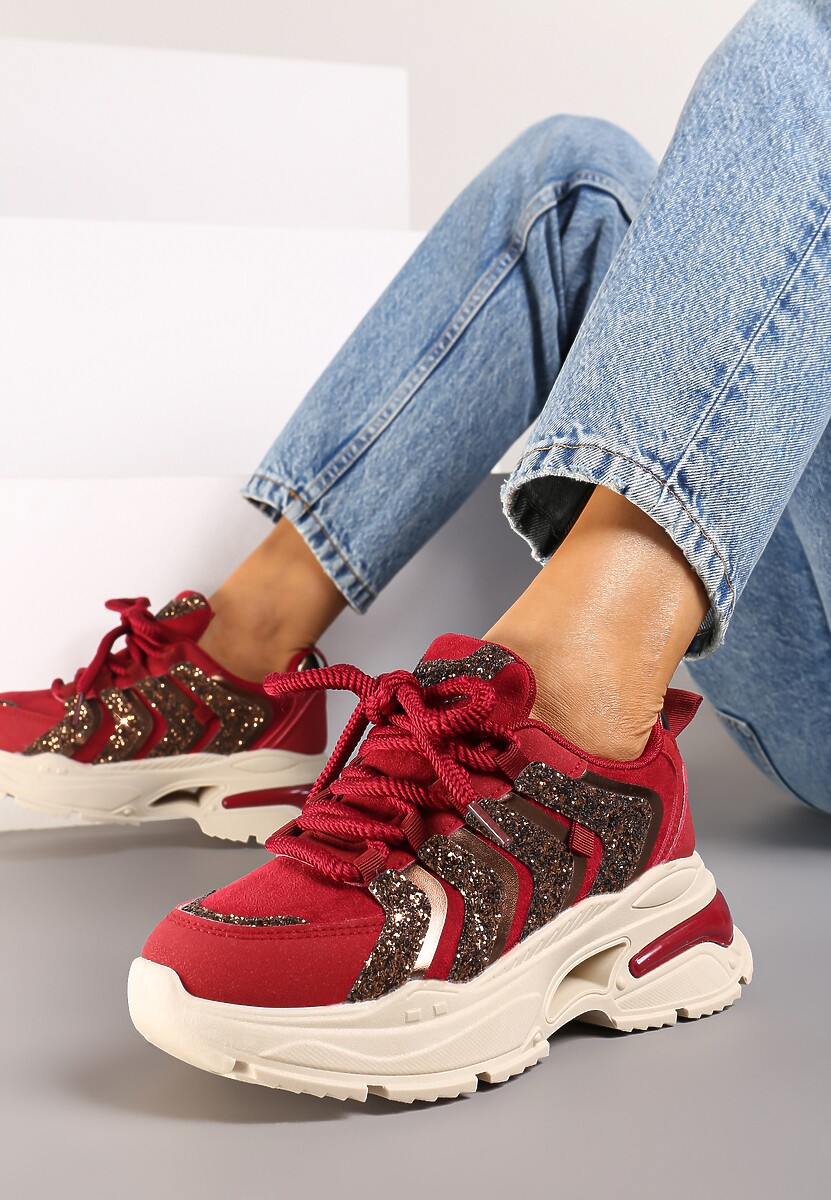 Bordowe Sznurowane Sneakersy na Platformie Ozdobione Brokatem Ewla 2