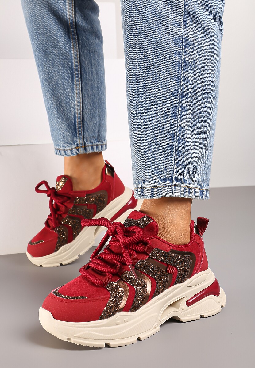 Bordowe Sznurowane Sneakersy na Platformie Ozdobione Brokatem Ewla 3