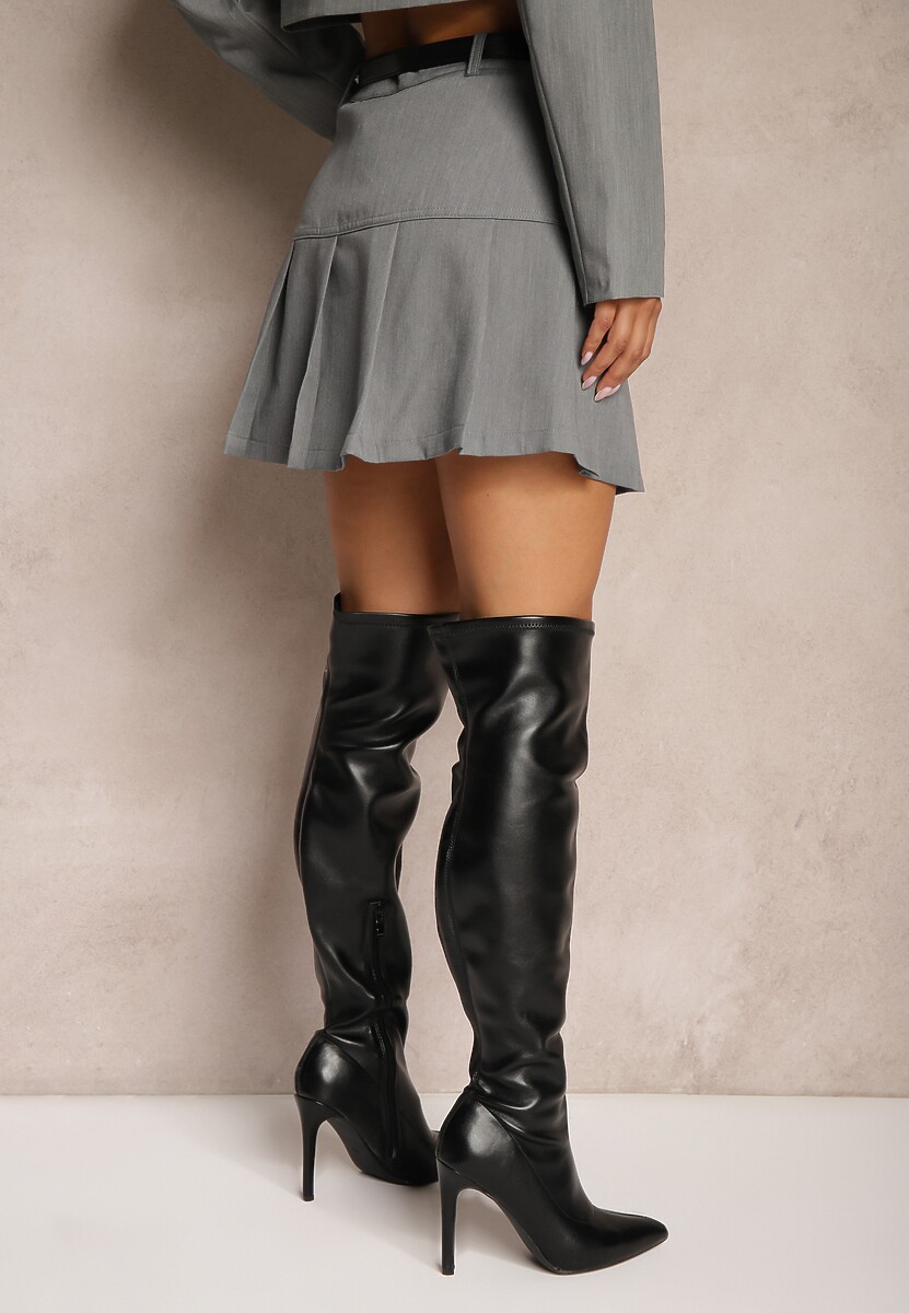 Szare Plisowane Spódnico-Spodenki z Dodatkiem Wiskozy High Waist Ozdobione Paskiem Selivia 3