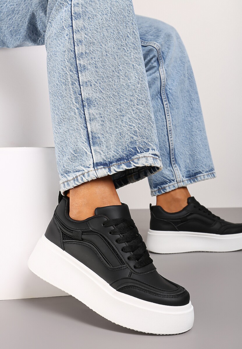 Czarne Casualowe Sneakersy na Płaskiej Podeszwie Ozdobione Paskami Vlivana 1