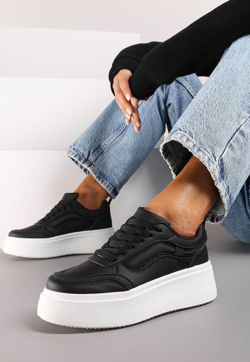 Czarne Casualowe Sneakersy na Płaskiej Podeszwie Ozdobione Paskami Vlivana 2