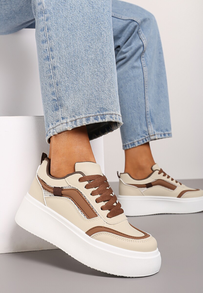 Beżowe Casualowe Sneakersy na Płaskiej Podeszwie Ozdobione Paskami Vlivana 1