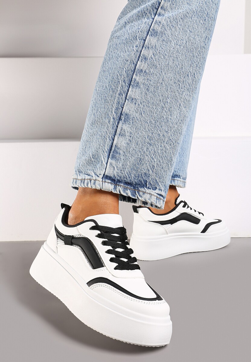 Biało-Czarne Casualowe Sneakersy na Płaskiej Podeszwie Ozdobione Paskami Vlivana 1