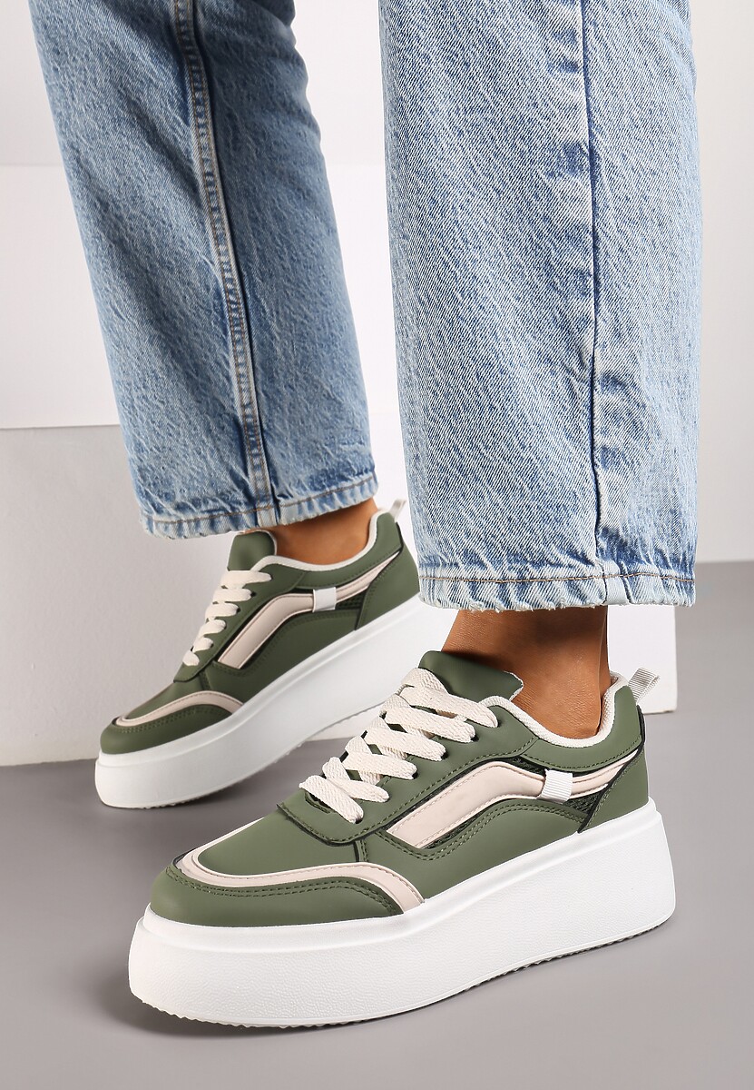 Zielone Casualowe Sneakersy na Płaskiej Podeszwie Ozdobione Paskami Vlivana 1
