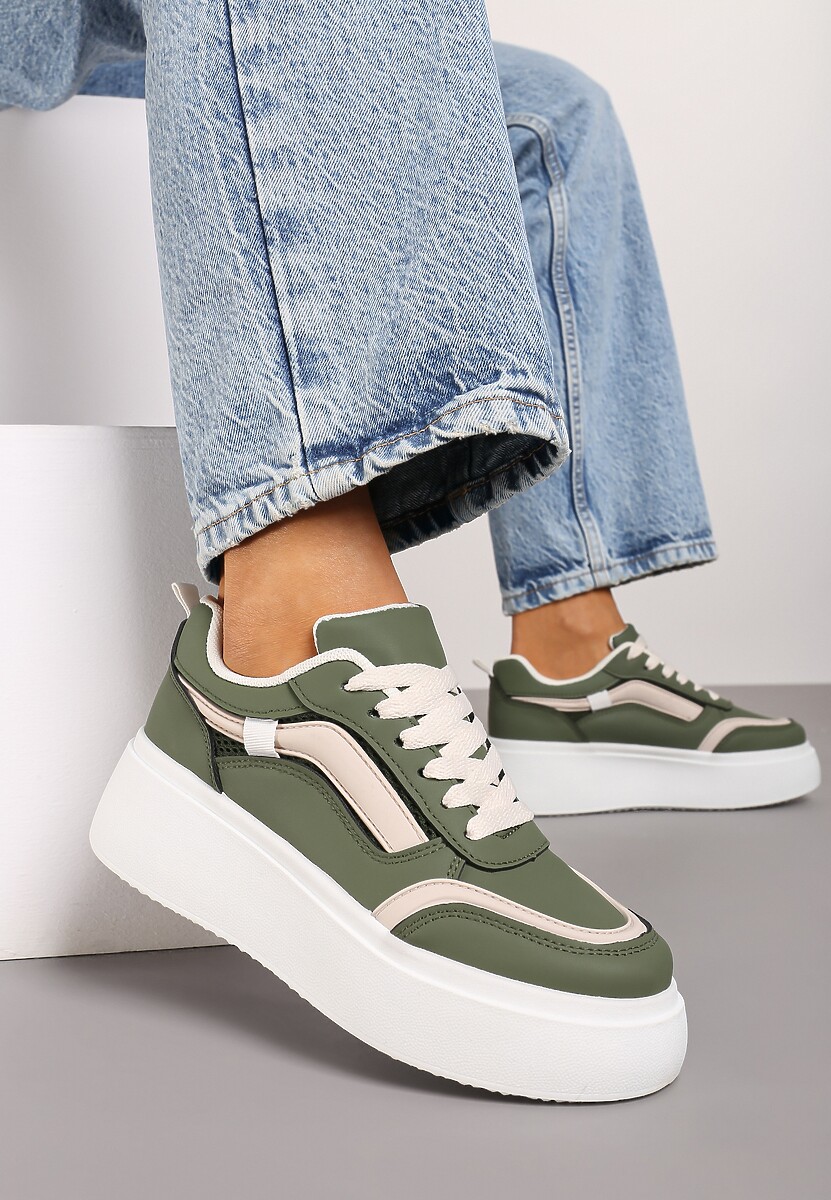 Zielone Casualowe Sneakersy na Płaskiej Podeszwie Ozdobione Paskami Vlivana 2