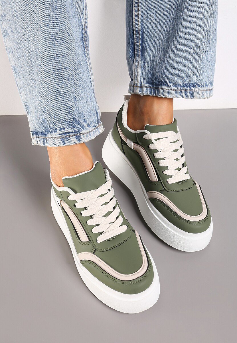 Zielone Casualowe Sneakersy na Płaskiej Podeszwie Ozdobione Paskami Vlivana 3