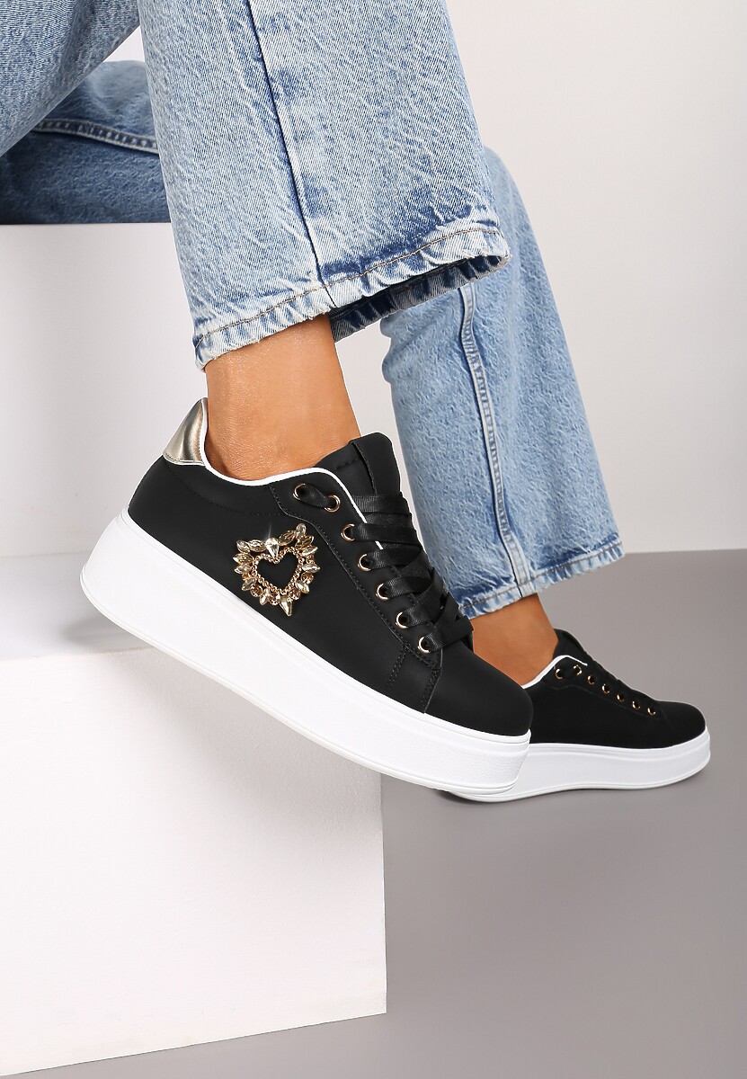 Czarne Sneakersy na Platformie z Aplikacją Serca z Cyrkonii Elisana 2