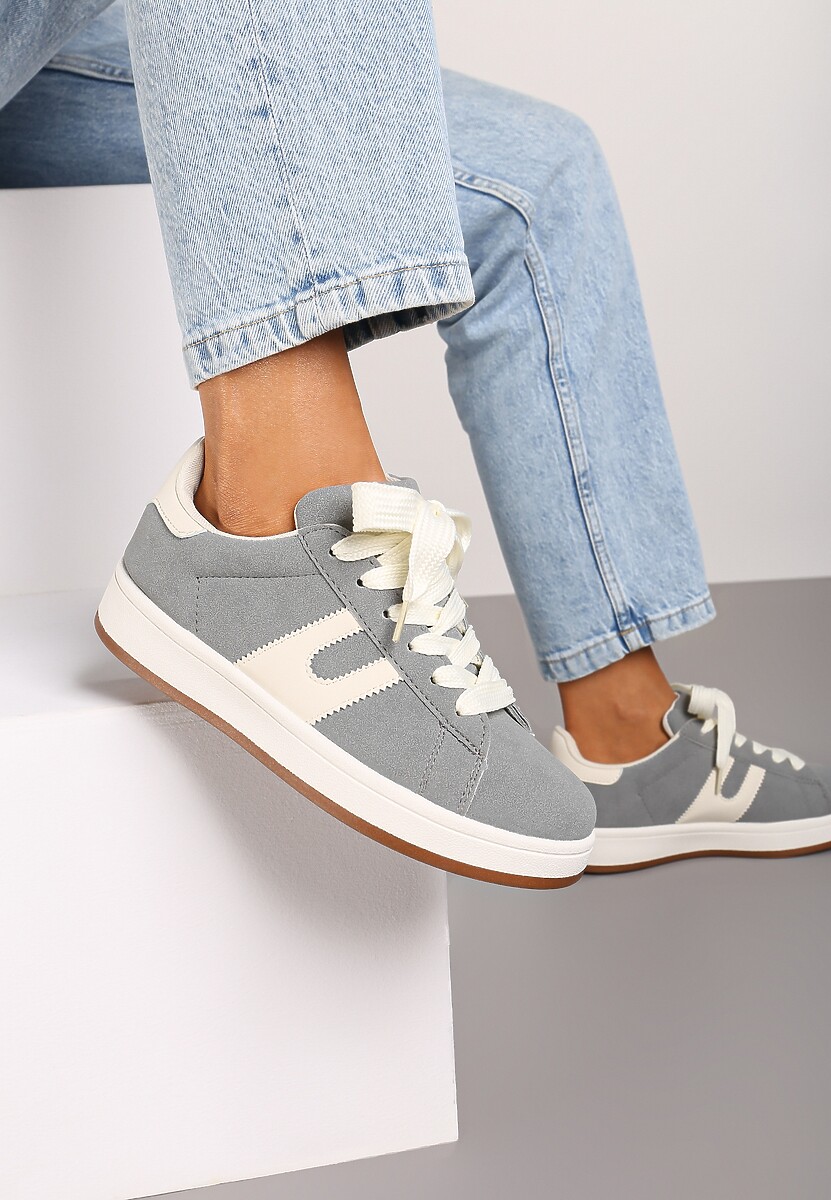 Szare Sznurowane Sneakersy na Płaskie Podeszwie Wykończone Geometrycznym Wzorem Genaria 1