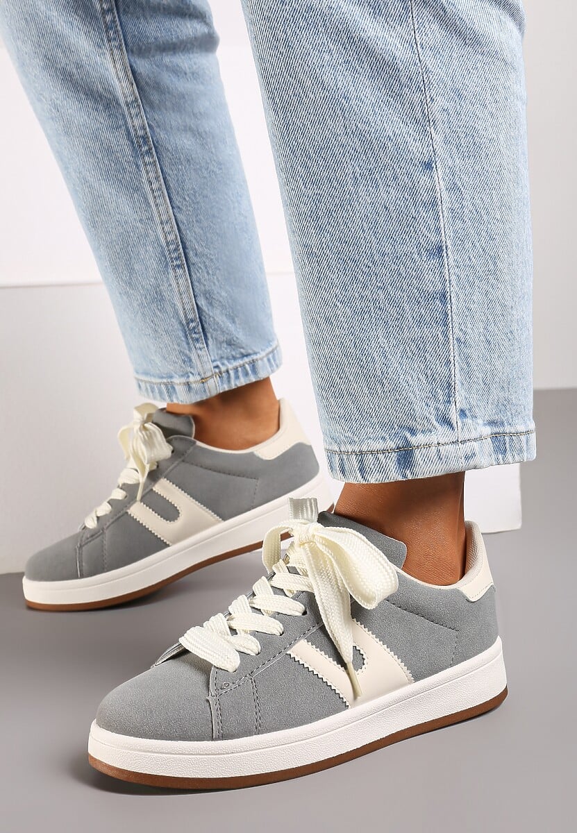 Szare Sznurowane Sneakersy na Płaskie Podeszwie Wykończone Geometrycznym Wzorem Genaria 2