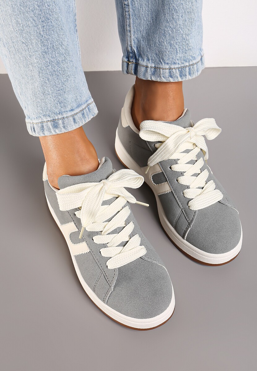 Szare Sznurowane Sneakersy na Płaskie Podeszwie Wykończone Geometrycznym Wzorem Genaria 3