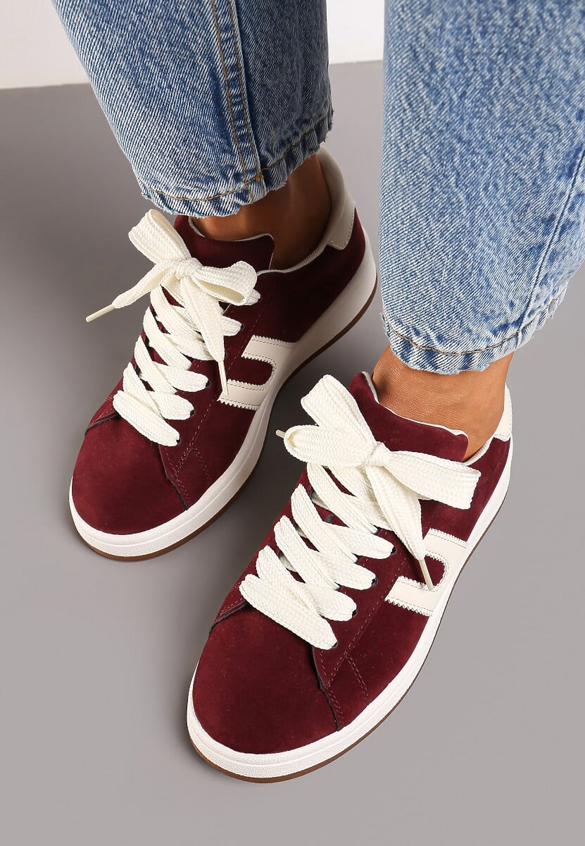Bordowe Sznurowane Sneakersy na Płaskie Podeszwie Wykończone Geometrycznym Wzorem Genaria 3