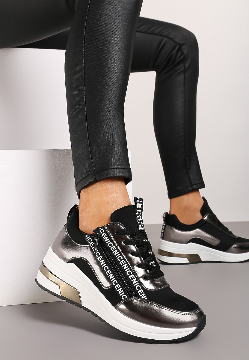 Czarne Sznurowane Sneakersy na Koturnie Ozdobione Suwakiem i Metalicznym Wykończeniem Vlissa 1