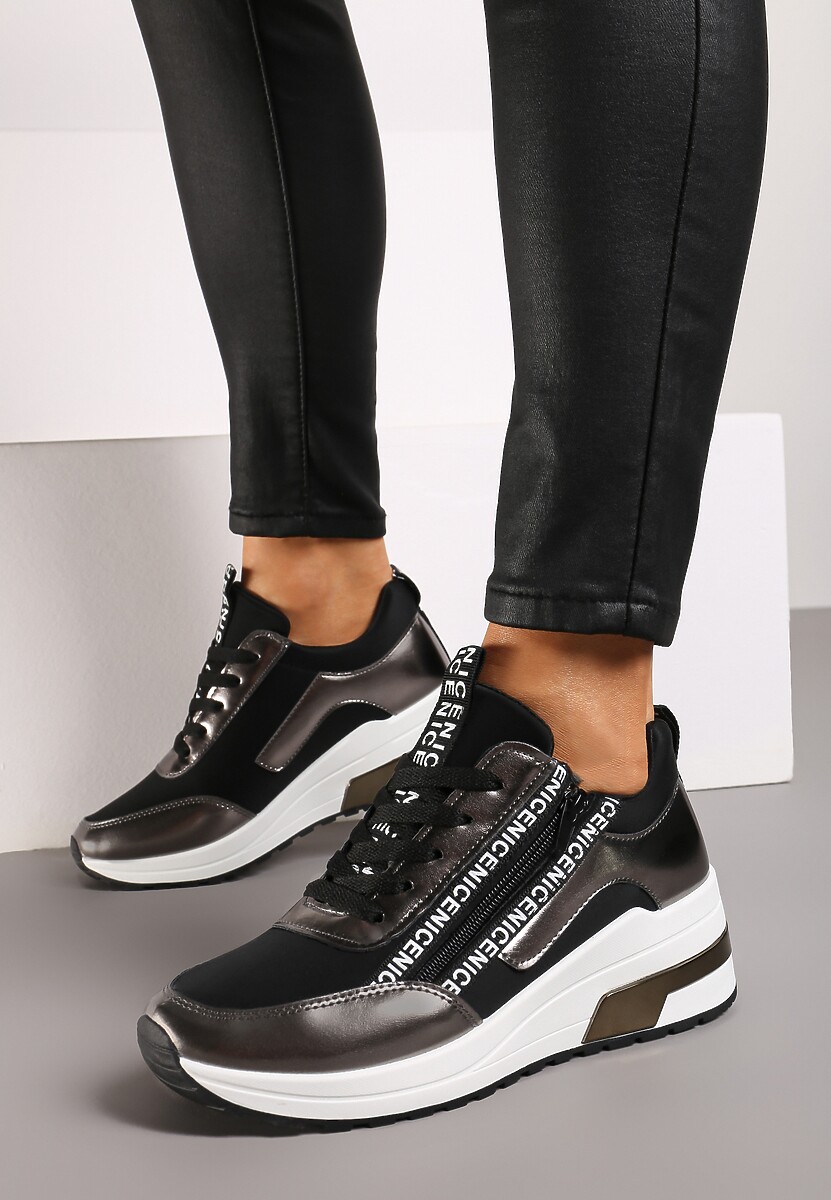 Czarne Sznurowane Sneakersy na Koturnie Ozdobione Suwakiem i Metalicznym Wykończeniem Vlissa 2