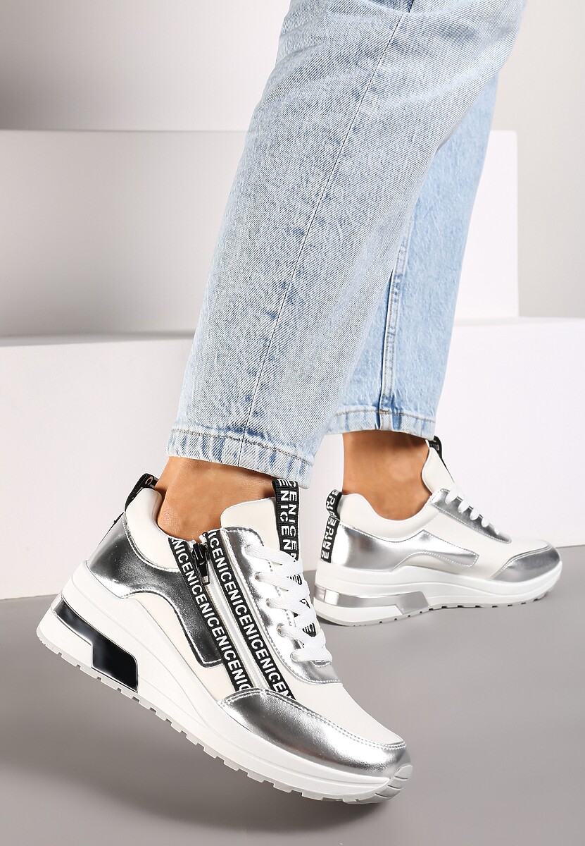 Srebrne Sznurowane Sneakersy na Koturnie Ozdobione Suwakiem i Metalicznym Wykończeniem Vlissa 1