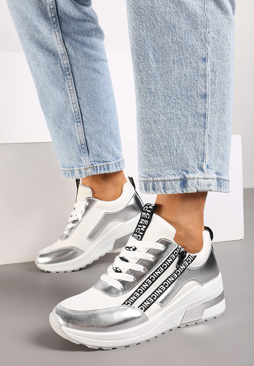Srebrne Sznurowane Sneakersy na Koturnie Ozdobione Suwakiem i Metalicznym Wykończeniem Vlissa 2