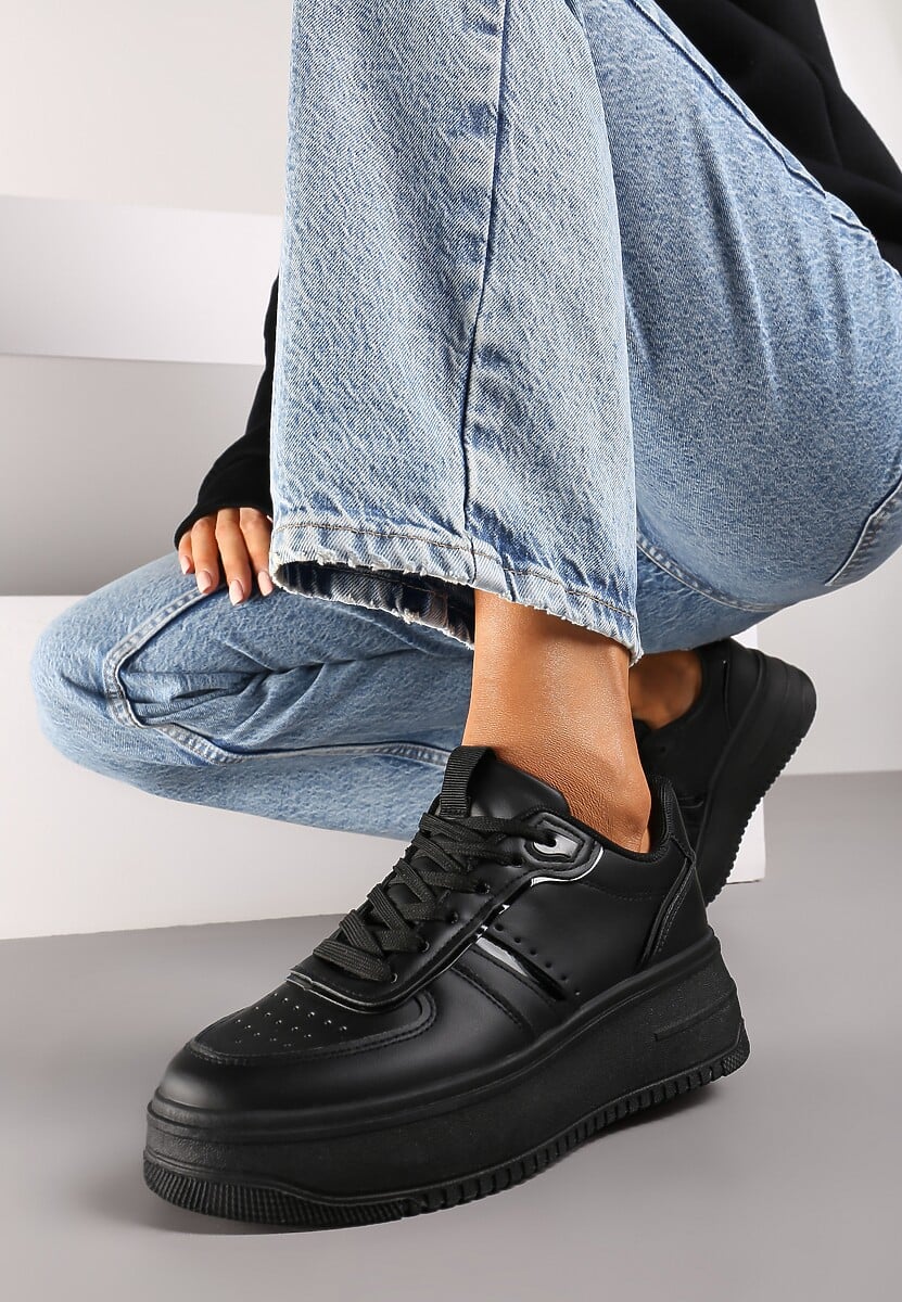 Czarne Casualowe Sneakersy na Platformie Wykończone Perforacją Milovia 1