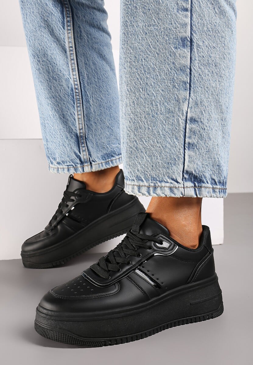 Czarne Casualowe Sneakersy na Platformie Wykończone Perforacją Milovia 3