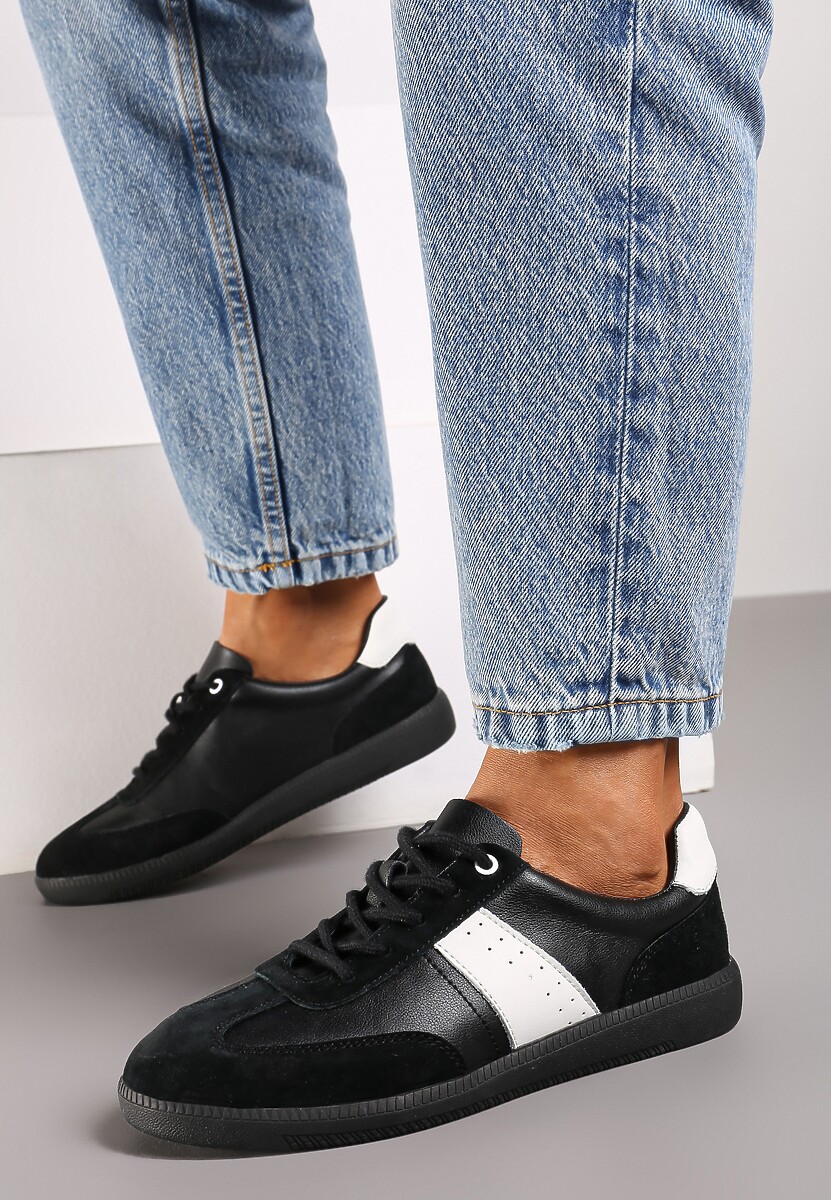Czarno-Białe Sneakersy na Płaskiej Podeszwie ze Skóry Naturalnej Ozdobione Przeszyciami Milirea 1