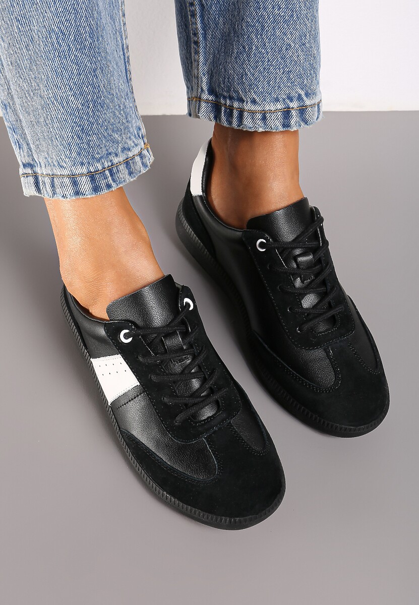 Czarno-Białe Sneakersy na Płaskiej Podeszwie ze Skóry Naturalnej Ozdobione Przeszyciami Milirea 3