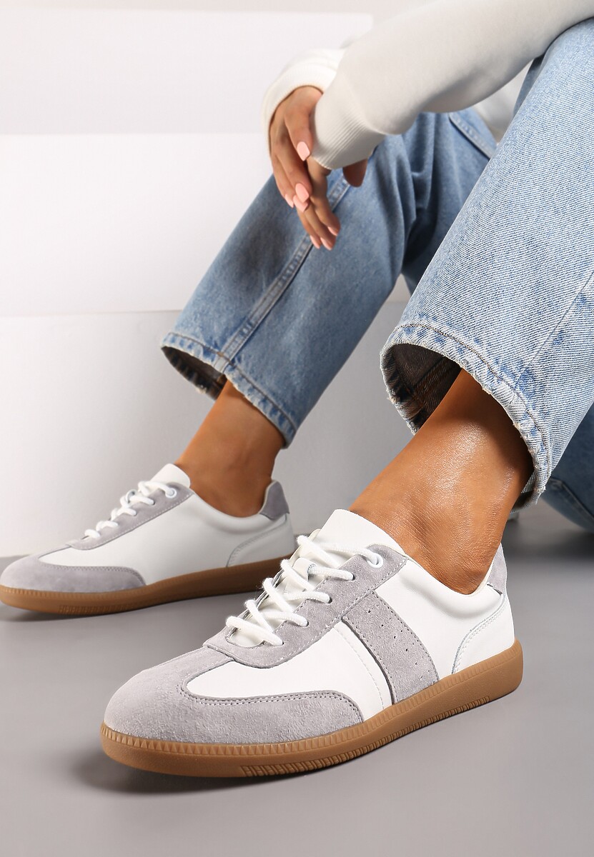 Biało-Szare Sneakersy na Płaskiej Podeszwie ze Skóry Naturalnej Ozdobione Przeszyciami Milirea 2