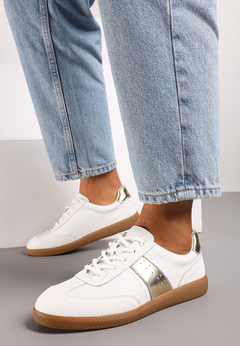 Biało-Złote Sneakersy na Płaskiej Podeszwie ze Skóry Naturalnej Ozdobione Przeszyciami Milirea 2