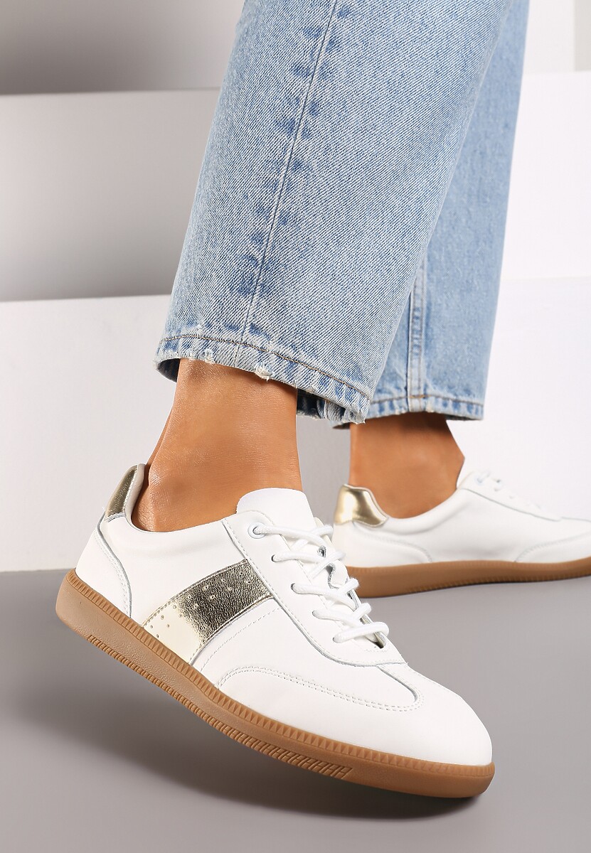 Biało-Złote Sneakersy na Płaskiej Podeszwie ze Skóry Naturalnej Ozdobione Przeszyciami Milirea 3