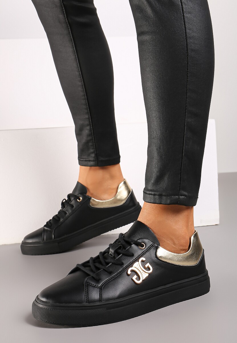 Czarno-Złote Sneakersy na Płaskiej Podeszwie ze Skóry Naturalnej z Aplikacją 3D Milisea 1