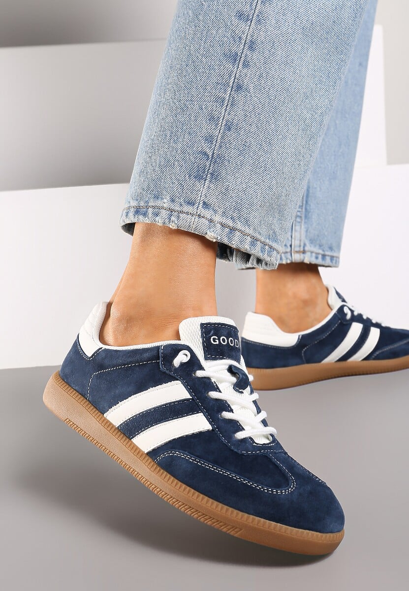 Granatowe Sneakersy ze Skóry Naturalnej na Płaskiej Podeszwie Wykończone Paskami Navinda 3