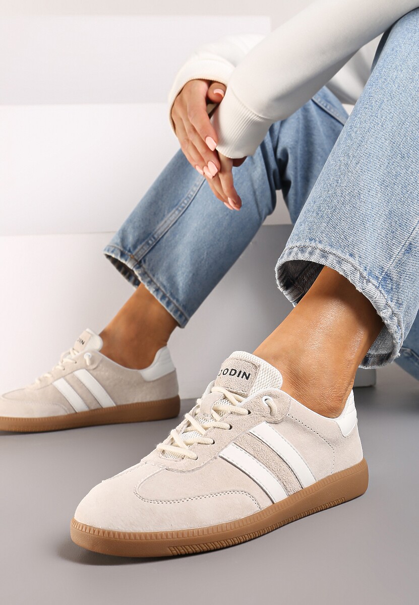 Beżowe Sneakersy ze Skóry Naturalnej na Płaskiej Podeszwie Wykończone Paskami Navinda 2