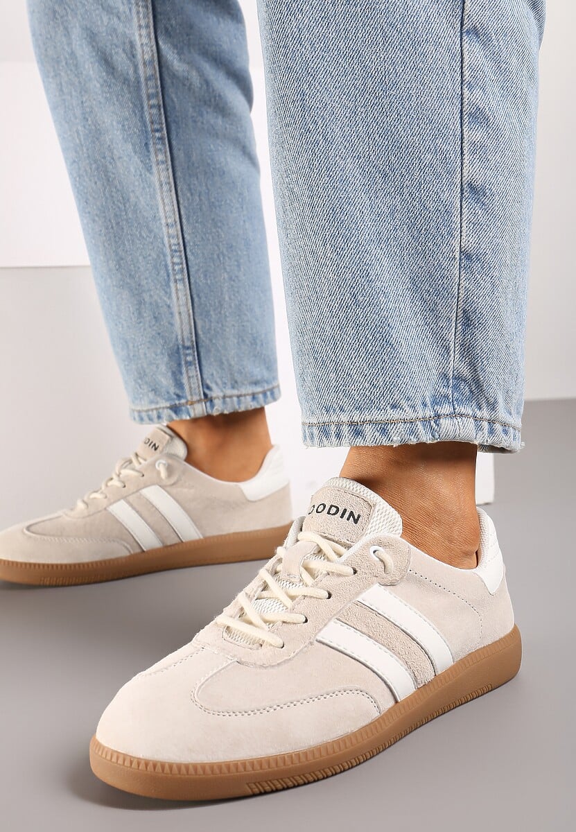 Beżowe Sneakersy ze Skóry Naturalnej na Płaskiej Podeszwie Wykończone Paskami Navinda 3